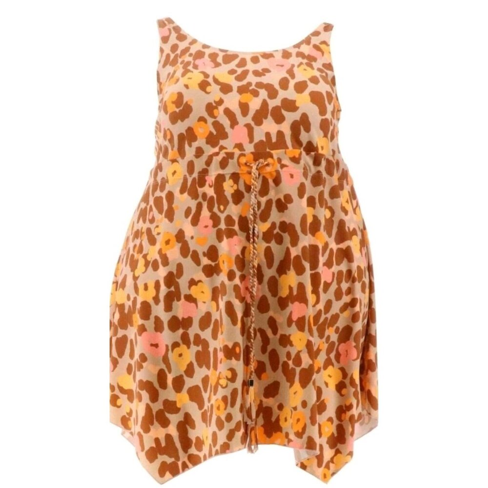Denim Co Beach Scoop Neck Handkerchief Hem Swim Dress Suit Beige Animal 24w